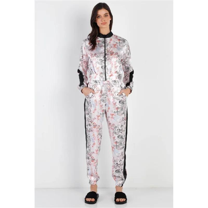 Black Contrast Satin Effect Multi Color Print Zip-up Jacket & Pants Set