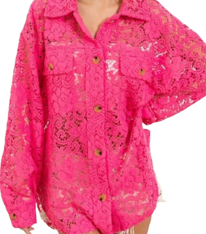 Button Down Lace Shacket In Neon Pink