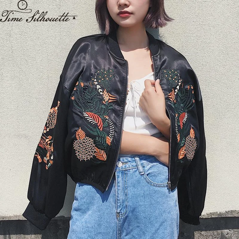 Vintage Floral Embroidery Basic Jacket Coat Women Autumn 2018 Street Bomber Jacket Baseball Jackets Jaqueta Casaco Feminina L997