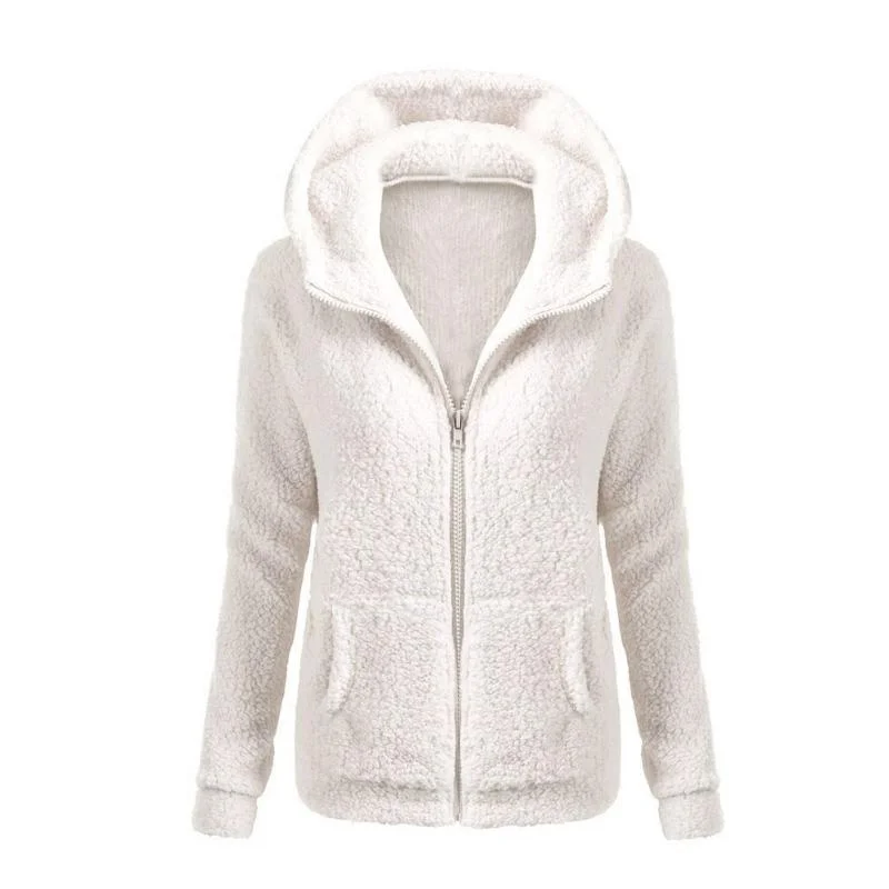 Women Solid Color Coat Thicken Soft Fleece Winter Autumn Warm Jacket Hooded Zipper Overcoat Female Fashion Casual Outwear Coat