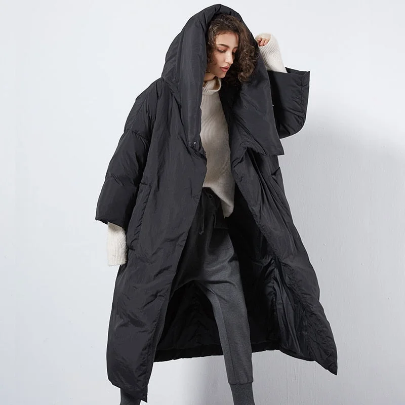 XS-7XL Plus size Winter good quality over the knee longer duck down coat female single breasted hooded warm down coats wq124