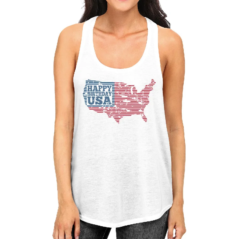 Happy Birthday USA Womens White Sleeveless Top Funny 4 Of July Tank