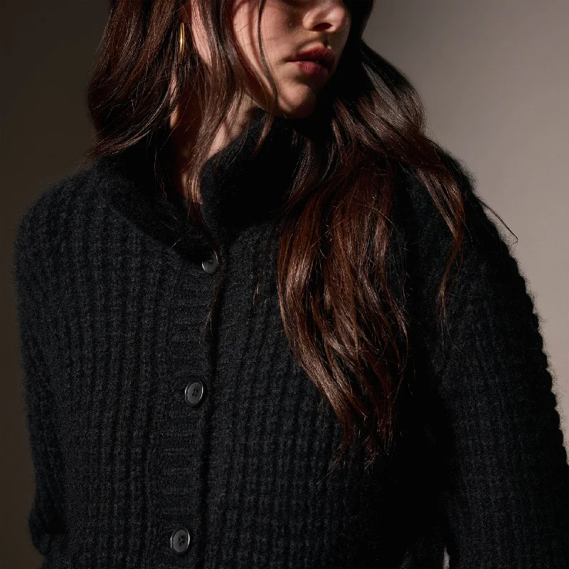 Cashmere Chunky Waffle Cardigan - True Black