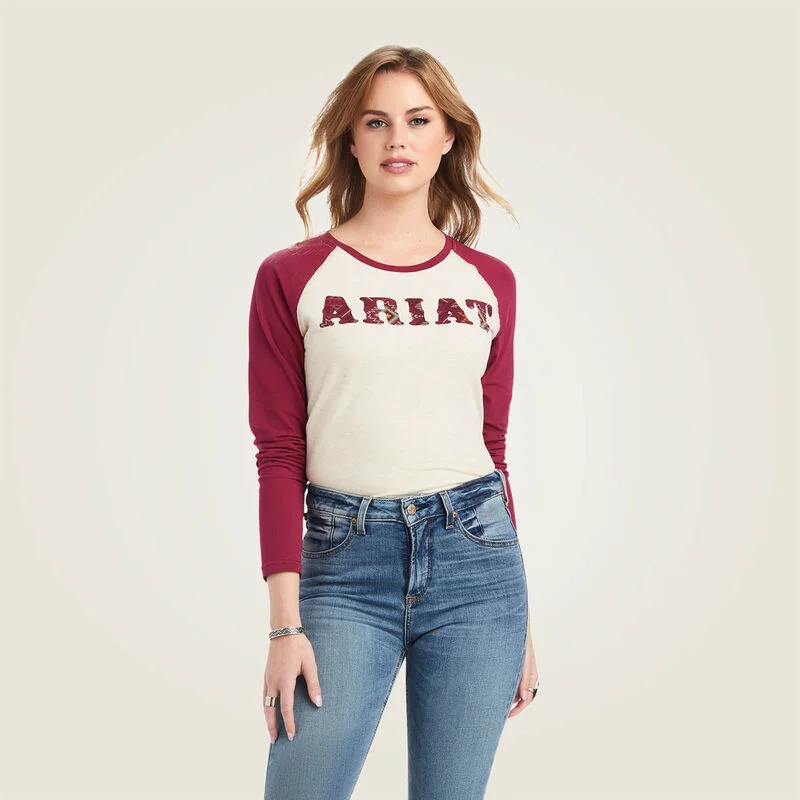 Ariat Women's REAL Ariat Baseball Shirt, Oatmeal Heather|Beet Red