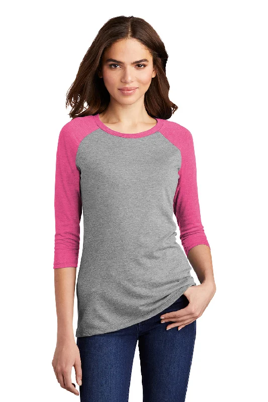 District Womens Perfect Tri 3/4 Sleeve Crewneck T-Shirt - Grey Frost/Fuchsia Pink